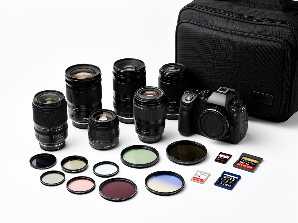 Раскладка фотографических инструментов и аксессуаров: объективы, светофильтры, карты памяти и профессиональная камера на белом фоне