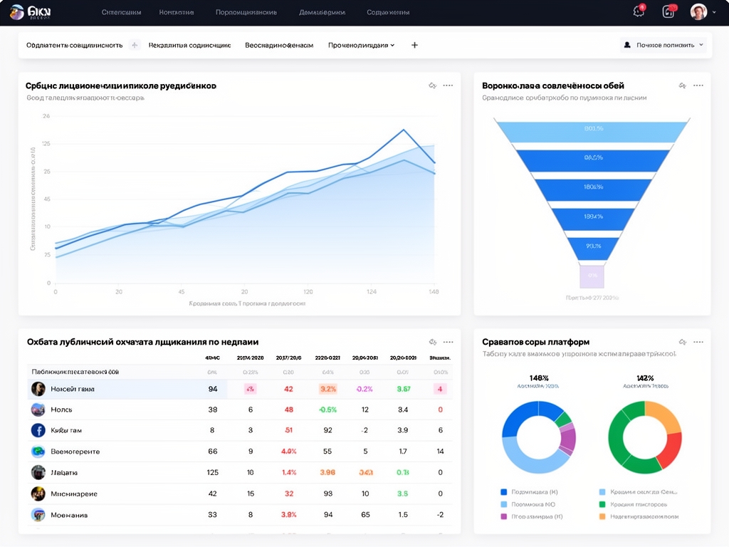 Экран с дашбордом аналитики социальных сетей: графики роста подписчиков, воронка вовлечённости, таблица охвата публикаций по неделям и сравнение платформ