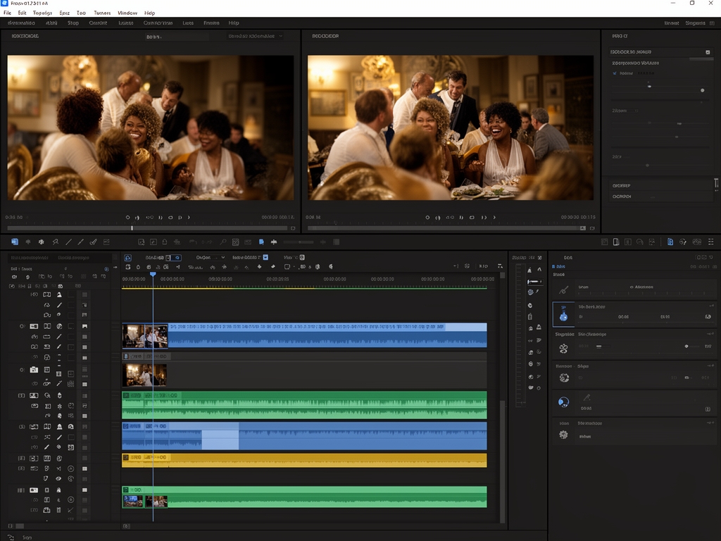Интерфейс программы видеомонтажа с временной шкалой, многодорожечными аудио- и видеоклипами, инструментами цветокоррекции на профессиональном мониторе